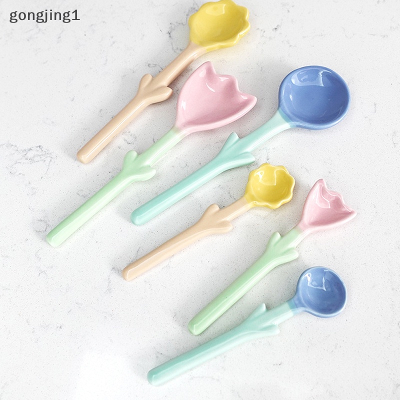 Ggg 1Pc Sendok Keramik Bentuk Tulip 3D Bunga Sendok Kopi Sarapan Dessert Spoon ID