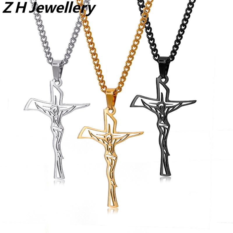 Z H Perhiasan Lapis Emas 18K 24K Gold S925 Perak Vintage Punk Exorcism Cross Pendant Pria Dan Wanita Fashion Anti Karat Kalung Hip Hop Baja Titanium Aksesoris Pesta