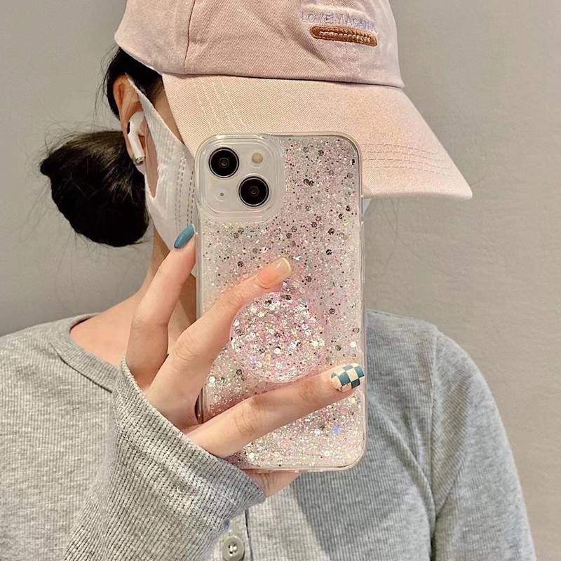 Crystal Pink Starry Sky Popsocket Soft Case for IPhone 7 8 Plus X XS XR XS Max 11 13 12 14 PRO Max 14 Plus Clear Phone Case for Girl Women Gift