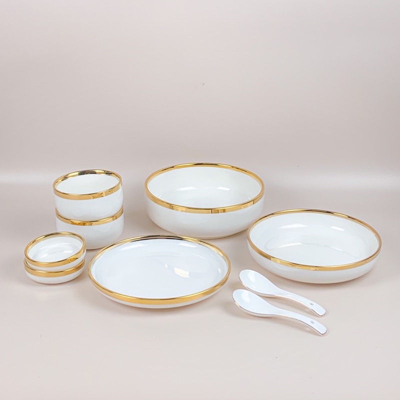 Piring Set 2 Orang Piring Makan Set Keramik Putih Gold Isi 9 Pcs / Piring Set Keramik List Emas / Pi