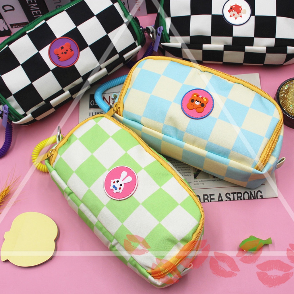 Kotak Pensil Sleting Korea Aesthetic Lucu Import / Pencil case/Premium/Plaid / Zipper/ Kompartmen/ Imut/ Cute/ kelinci/ rabbit/ bear