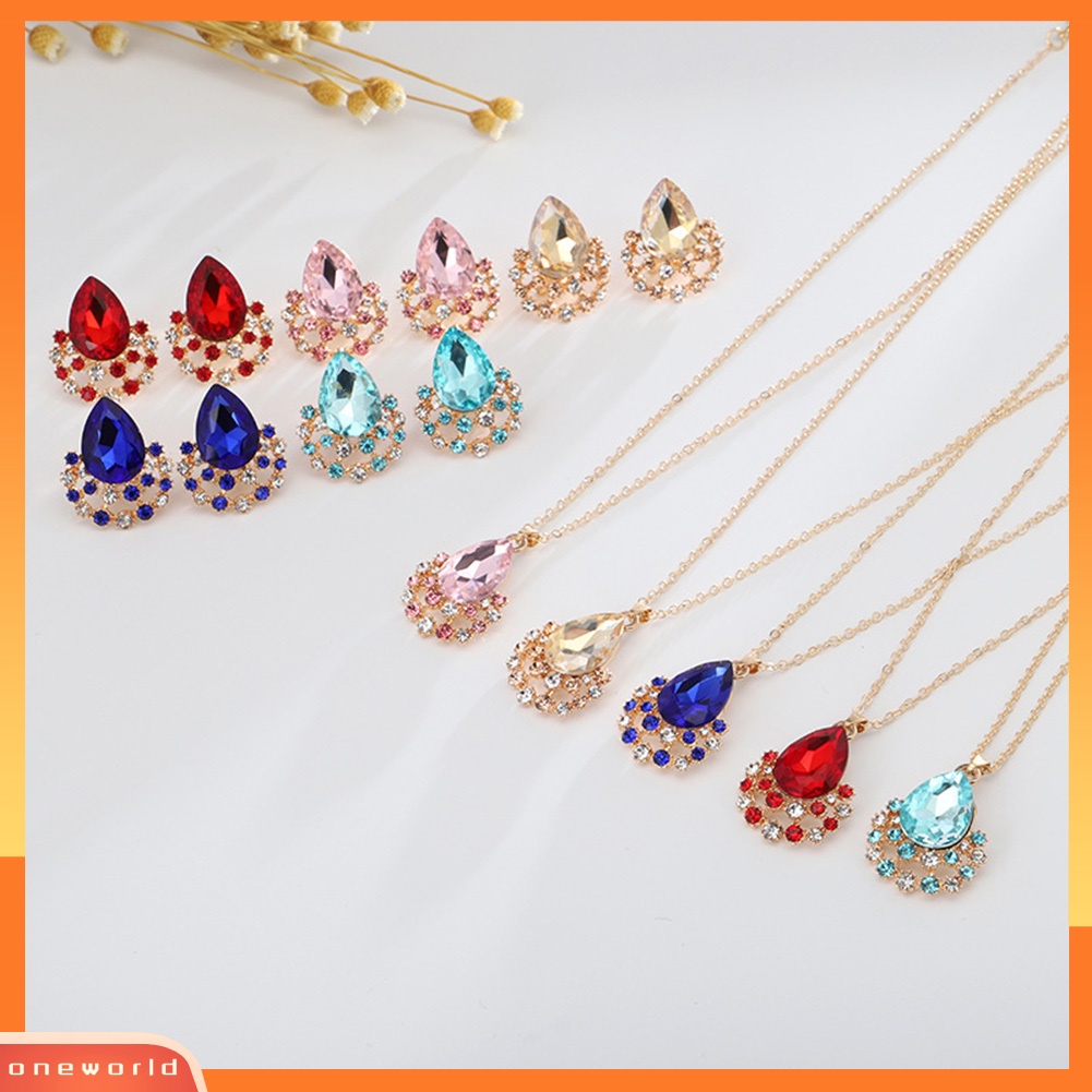 [ONE] 3ps/set Berlian Imitasi Tetesan Air Liontin Kalung Stud Anting Wanita Perhiasan Hadiah