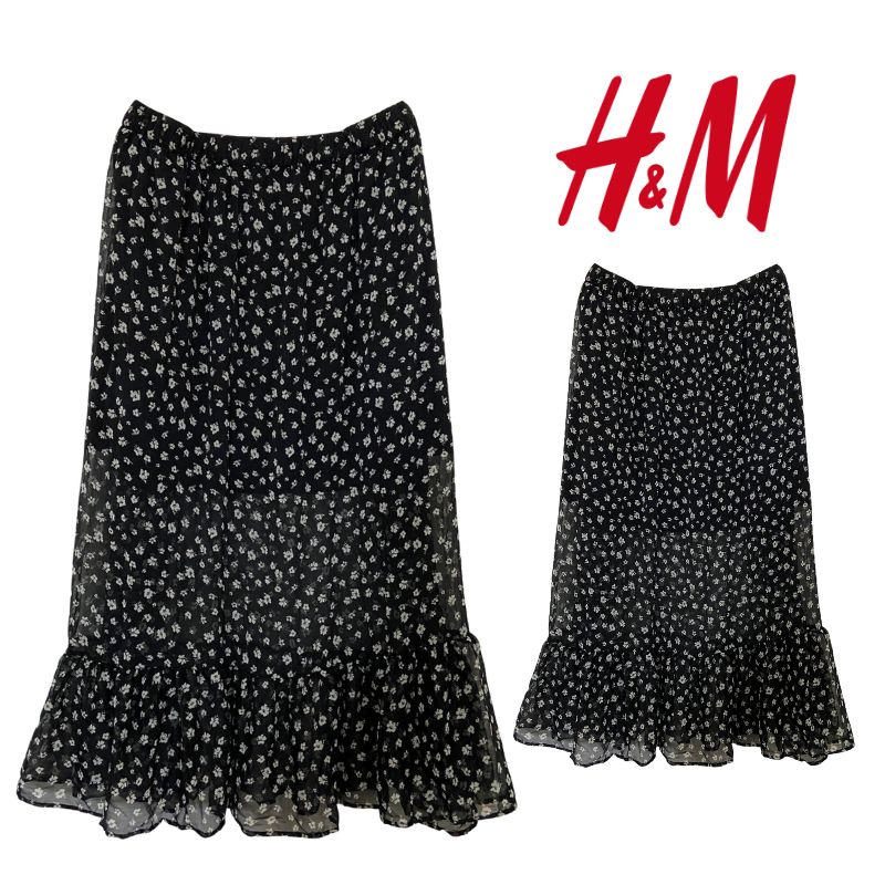 H&amp;M Rok Sifon Hitam Panjang Floral Bunga ORIGINAL