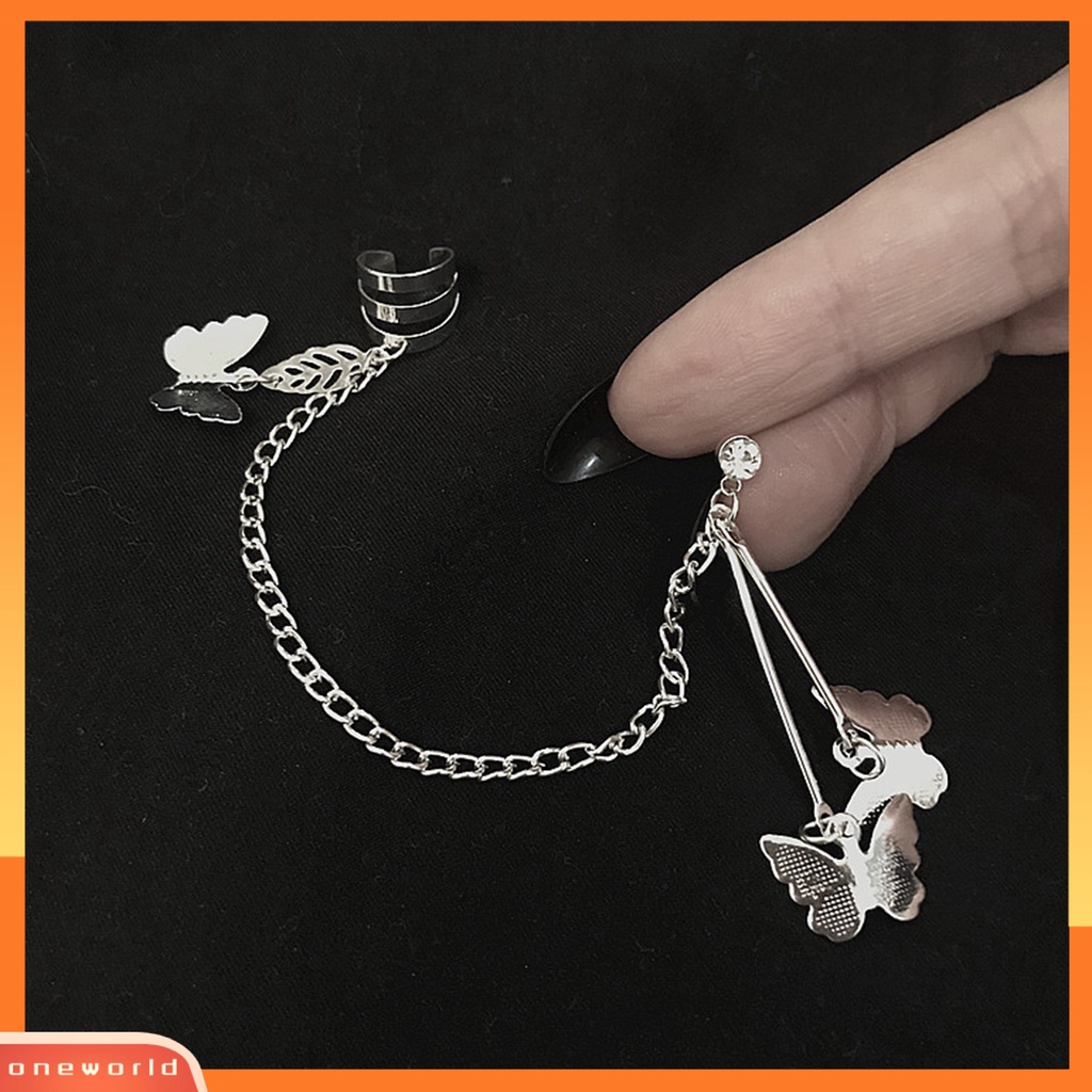 [ONE] 1pasang Kupu-Kupu Wanita Anting Keren Punk Warna Perak Link Rantai Tulang Rawan Klip Anting Fashion Perhiasan Hadiah