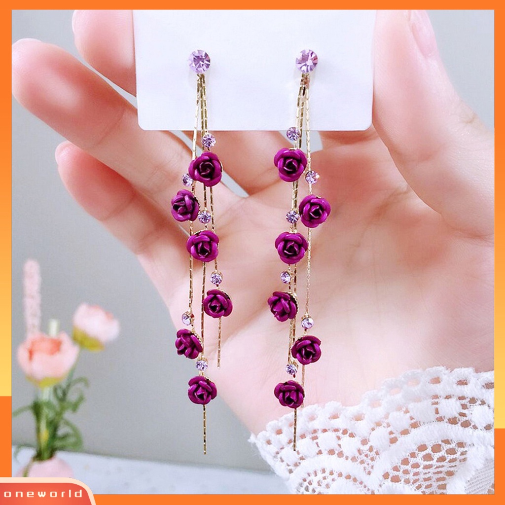 [ONE] 1pasang Anting Menjuntai Berkilau Berlian Imitasi Elegan Romantis Hypoallergenic Panjang Bunga Mawar Jumbai Stud Earrings Fashion Perhiasan
