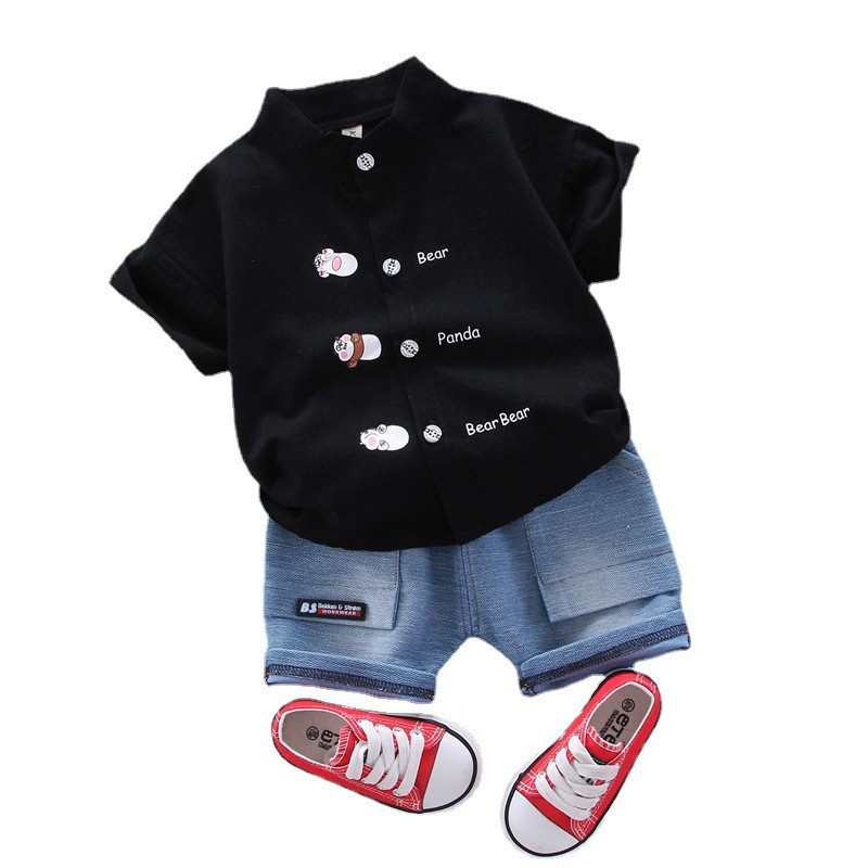 HappyOliver SET KEMEJA ALFON BEAR 212 EBV Setelan Kemeja Bayi Laki-laki Lengan Pendek celana softdenim melar