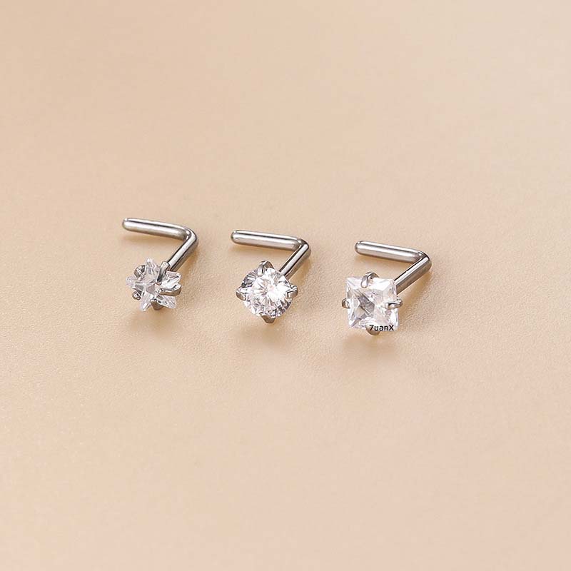 3biji/set Squre Bulat Bintang Bentuk L Tindik Hidung Bahan Stainless Steel 20Gauge Dengan Zircon