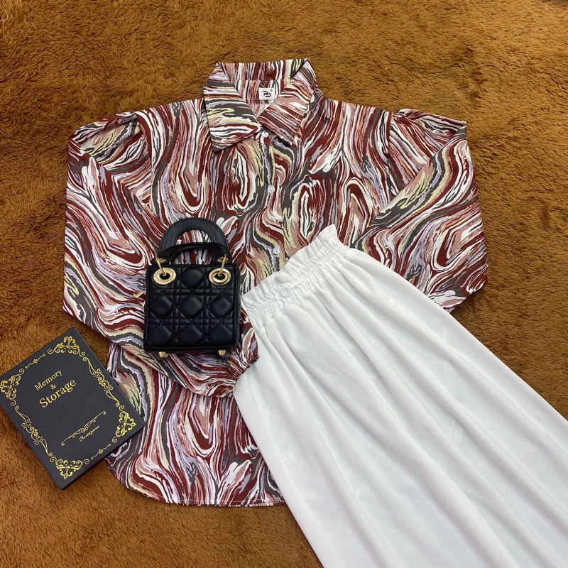 BEFAST - ZRD OOTD WANITA SETELAN ANDINI / One Set Galaxy 2in1 / Setelan Wanita Keluaran Terbaru / Fashion Kekinian Remaja ABG Trendy / Outfit Daily Wanita Casual / Set Atasan Kemeja Motif Marble Lengan Panjang+Celana Kulot Polos Panjang / Oneset Kekinian