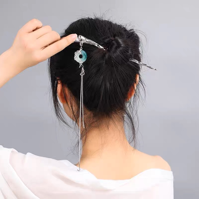 Gaya Cina Rumbai Jepit Rambut Gaya Cina Baru Gradien Hijau Tua Pola Naga Jepit Rambut Nasional Trendi Hanfu High-End Aksesoris Rambut Dual-Use Long Hairpin