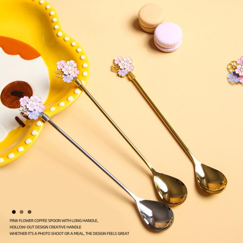 Spoon Stainless Steel Sendok Bundar Kecil Pegangan Bunga Sakura Sendok Pencampur Peralatan Makan Cherry Blossom Sendok Teh Dekorasi Rumah Aksesoris Dapur