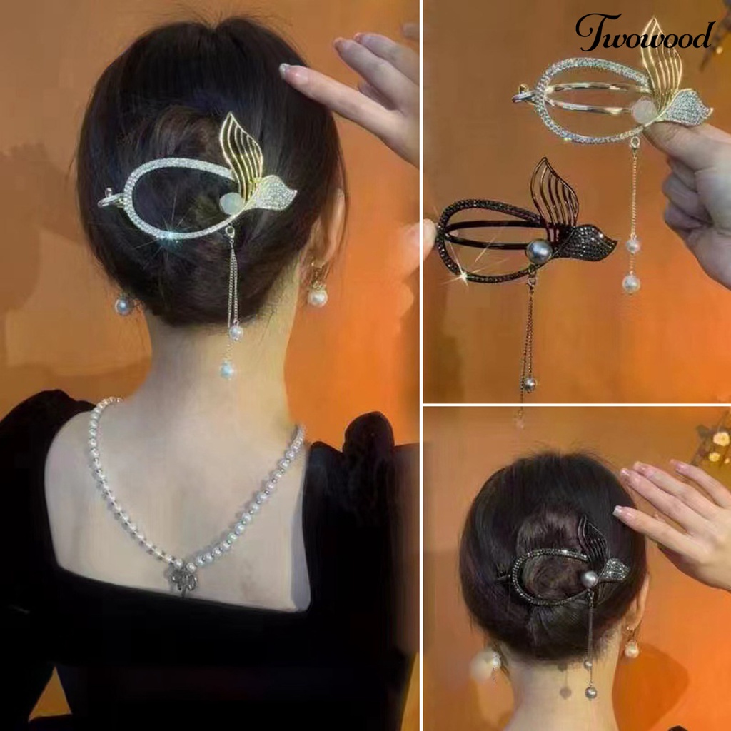 Twowood Mutiara Imitasi Rumbai Rambut Jepit Anti slip Gigi Indah Fishtail Twist Shape Rhinestone Hair Claw Styling Tool