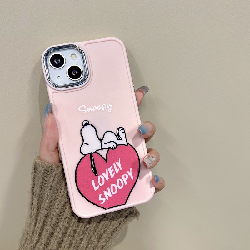 All New Electroplated Camera Skin Silicone Soft Case IPhone 11 12 13 14 Pro Max Women's Fashion Gift Cute Cartoon Phone Case Pink Love Snoopy