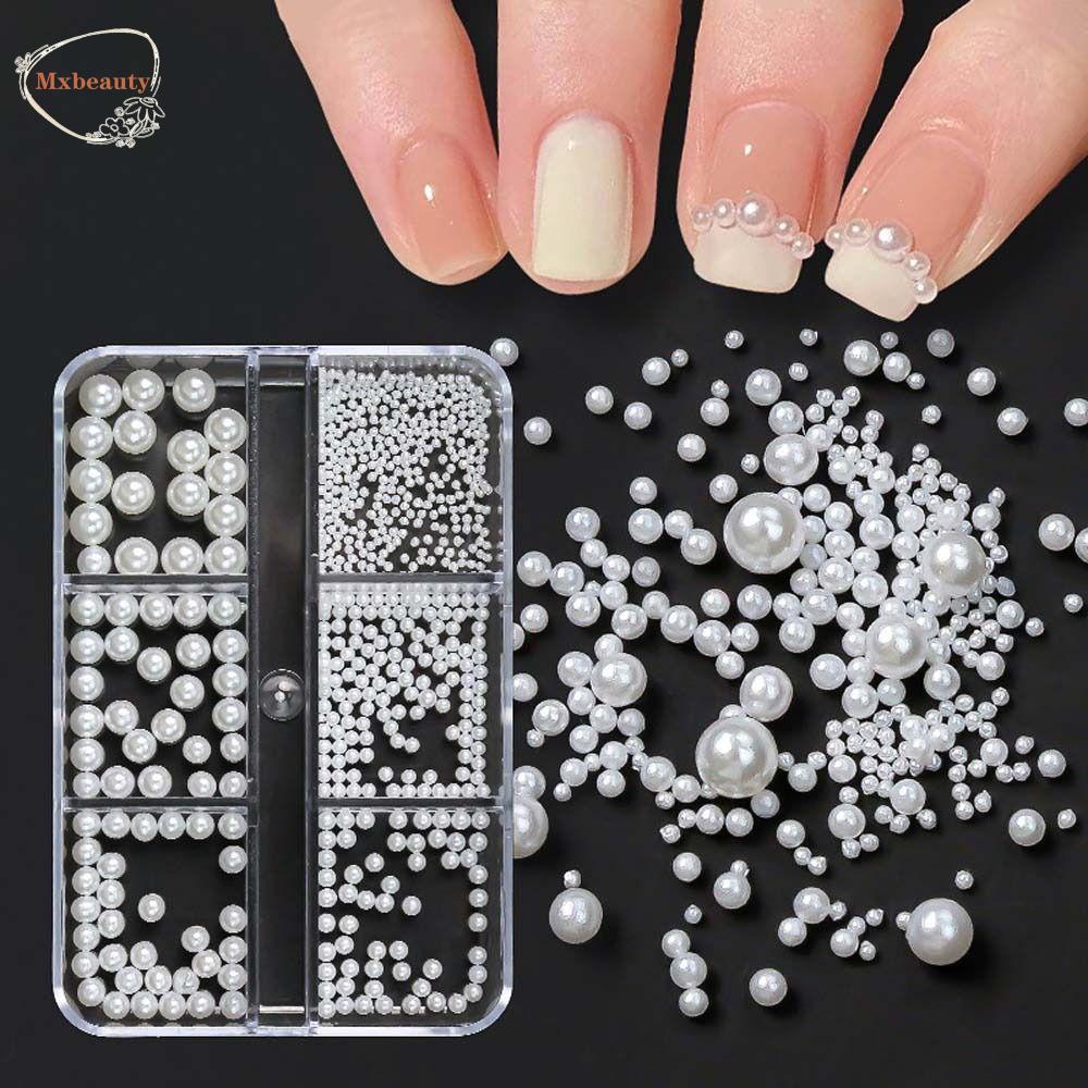 Mxbeauty Hiasan Kuku Mutiara 6kisi Jepang 3D Perhiasan Kuku Putih Pearlescent Manicure Aksesoris Hiasan Kuku Pearl Nail Drills