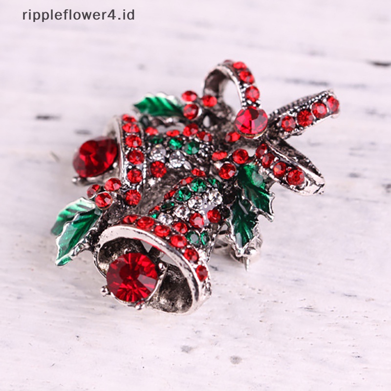 {rippleflower4.id} Kristal Bell Natal Bros Pin Wanita Anak Indah Berlian Imitasi Festival Aksesoris Lencana Hadiah~