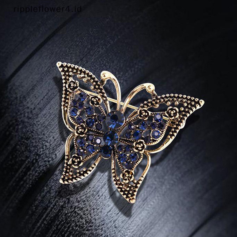 {rippleflower4.id} Fashion Retro Berongga Kristal Berlian Imitasi Kupu-Kupu Bros Pin Perhiasan Hadiah~