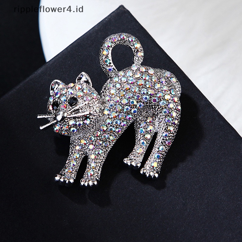 {rippleflower4.id} Fashion Berlian Imitasi Kucing Bros Pin Pakaian Wanita Mantel Pesta Aksesoris Hadiah~