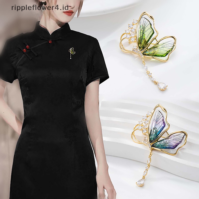 {rippleflower4.id} Fashion Tembus Kristal Kupu-Kupu Rumbai Bros Wanita Kostum Mantel Perhiasan Accessries Hadiah~