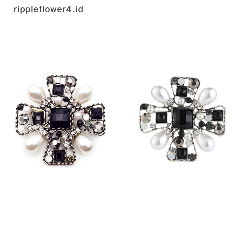 {rippleflower4.id} Vintage Cross Mutiara Bros Wanita Baroque Style Jas Mantel Pin Aksesoris~