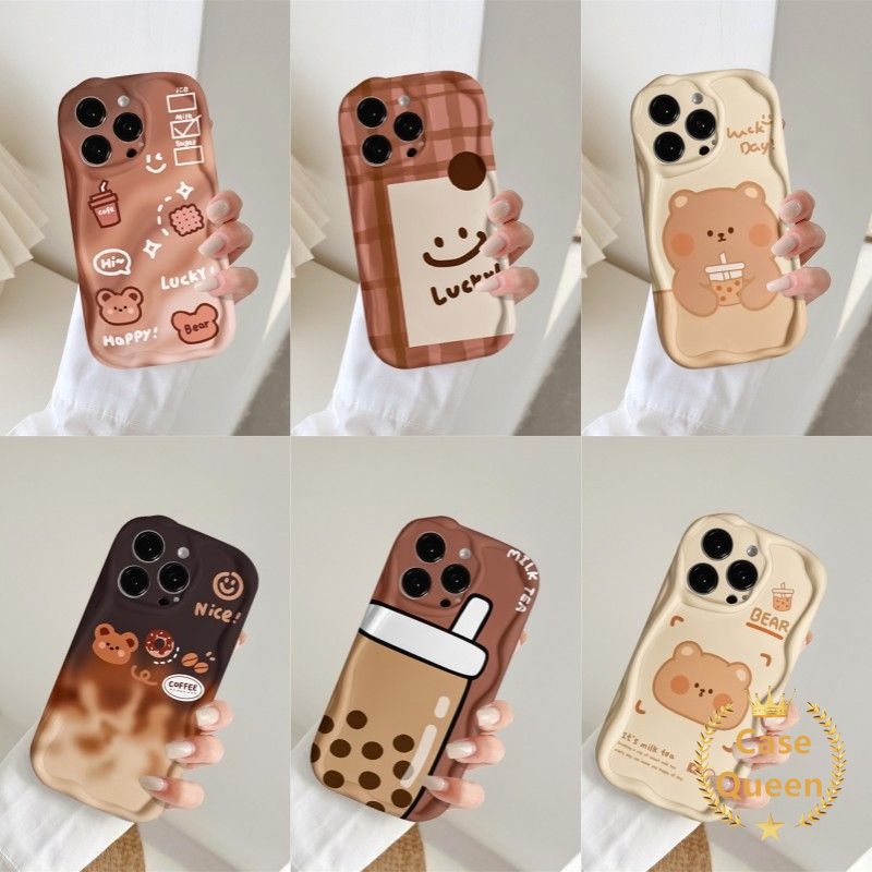 Kartun Kreatif Teh Susu Beruang Glossy Lucu Smiley Case Untuk Redmi 9C NFC 9C 10a2 A1 9A 10A Redmi Note8 11s 9 11 Gradiasi Beruang Kopi Donat Telepon 3D Wavy Curved Edge Soft Cover