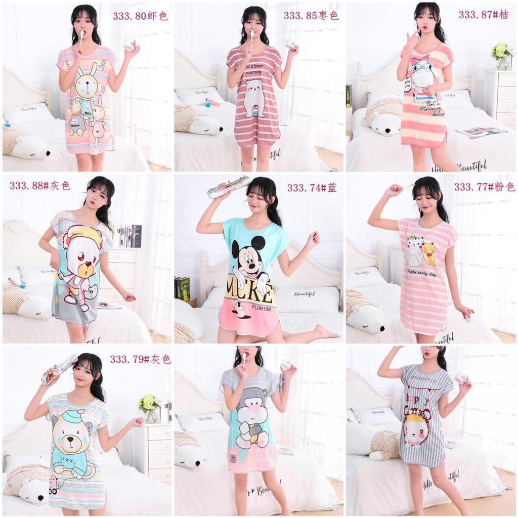 ENZ ® Baju Tidur Model Daster Bahan Spandex Korea Lengan Pendek Motif Kartun Lucu 1052