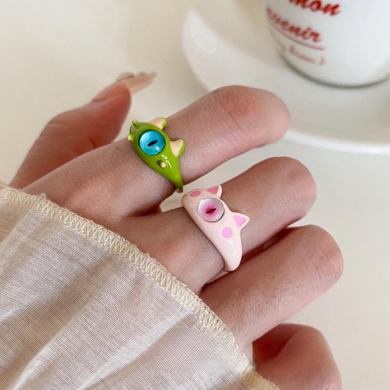 Y2k Kartun Kucing Lucu Pembukaan Cincin/ Adjustable Kreatif Monster Kecil Bola Mata Jari Cincin/ Kepribadian Resin Cincin Perhiasan Untuk Unisex