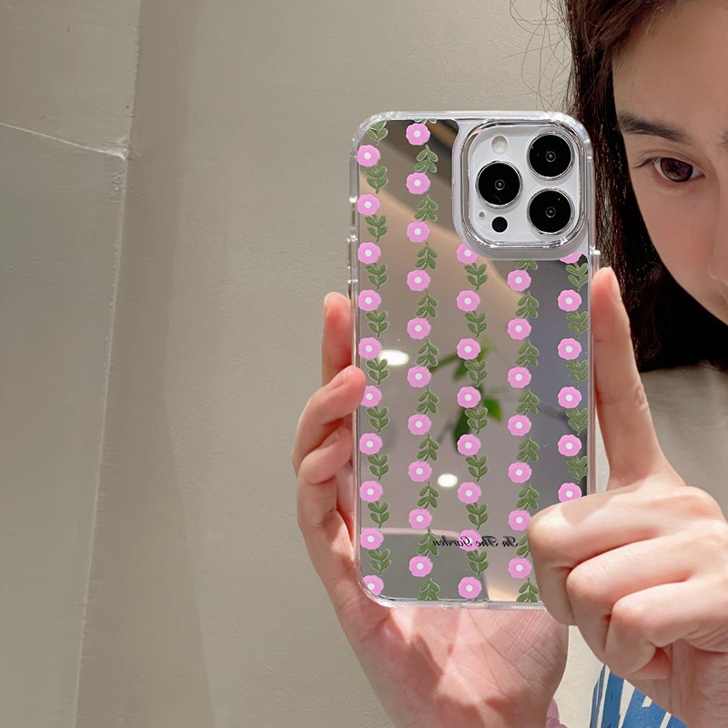 Fashion Silver Little Daisy Pink Flowers Mirror Soft TPU Case iP iPhone 11 12 13 14 Pro Max New Woman Girl FTD Casing Apple