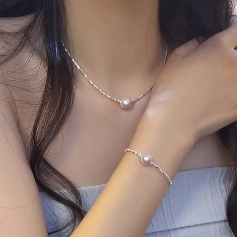 Kami Bunga Elegan S925 Perak Bersinar Kecil Berkilau Besar Mutiara Liontin Choker Kalung Untuk Wanita Gadis Klasik Tulang Selangka Rantai Pesona Kalung Fashion Perhiasan Aksesoris