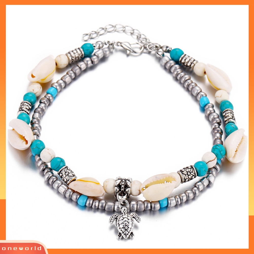 [WOD] Wanita Turtle Charm Faux Turquoise Manik-Manik Lapisan Ganda Gelang Kaki Perhiasan Pantai