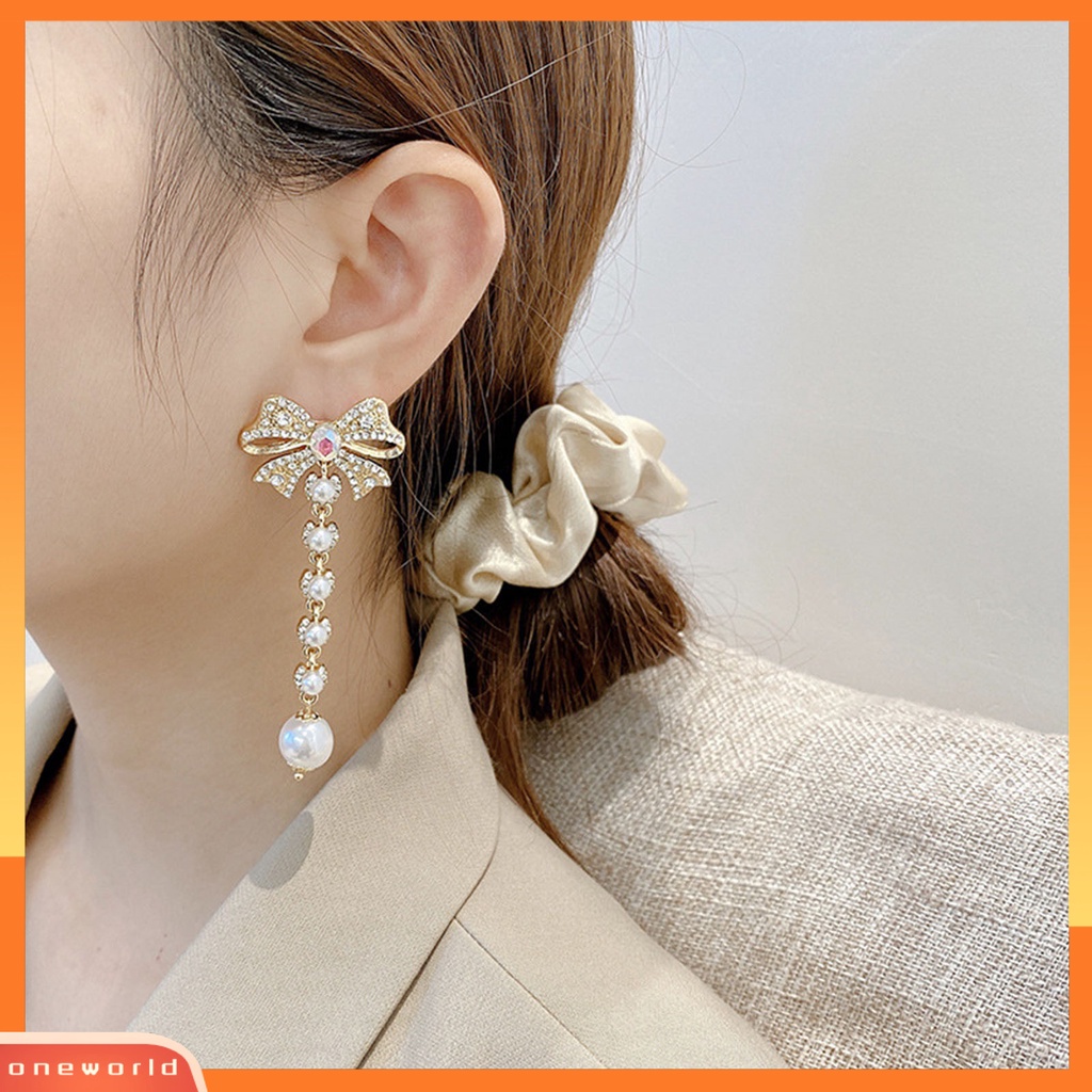 [WOD] 1pasang Anting Wanita Berlian Imitasi Mutiara Aksesori Panjang Lady Drop Earrings Untuk Pesta