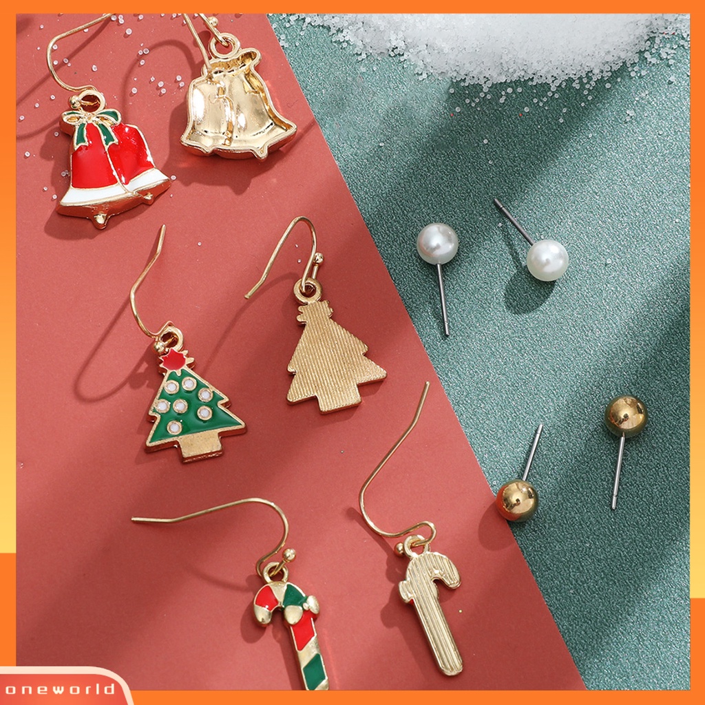 [WOD] 6pasang/set Anting Natal Meriah Enamel Geometris Mengkilap Electroplating Dekorasi Perhiasan Hadiah Pohon Xmas Elk Snowman Santa Claus Ear Studs Menjuntai Earrings