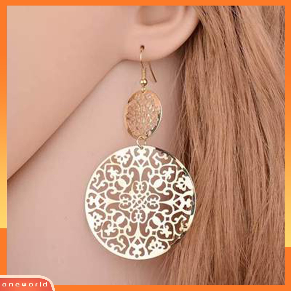 [WOD] Wanita Vintage Berongga Ukir Bunga Bulat Panjang Eardrop Kait Anting Perhiasan Hadiah