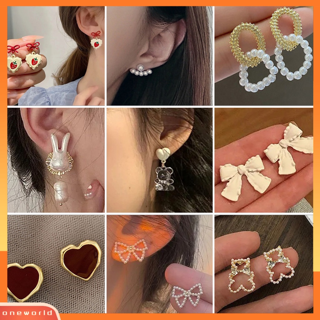 [WOD] 1pasang Wanita Anting Bunga Mutiara Imitasi Perhiasan Vintage Bow-knot Stud Earrings Perhiasan Hadiah