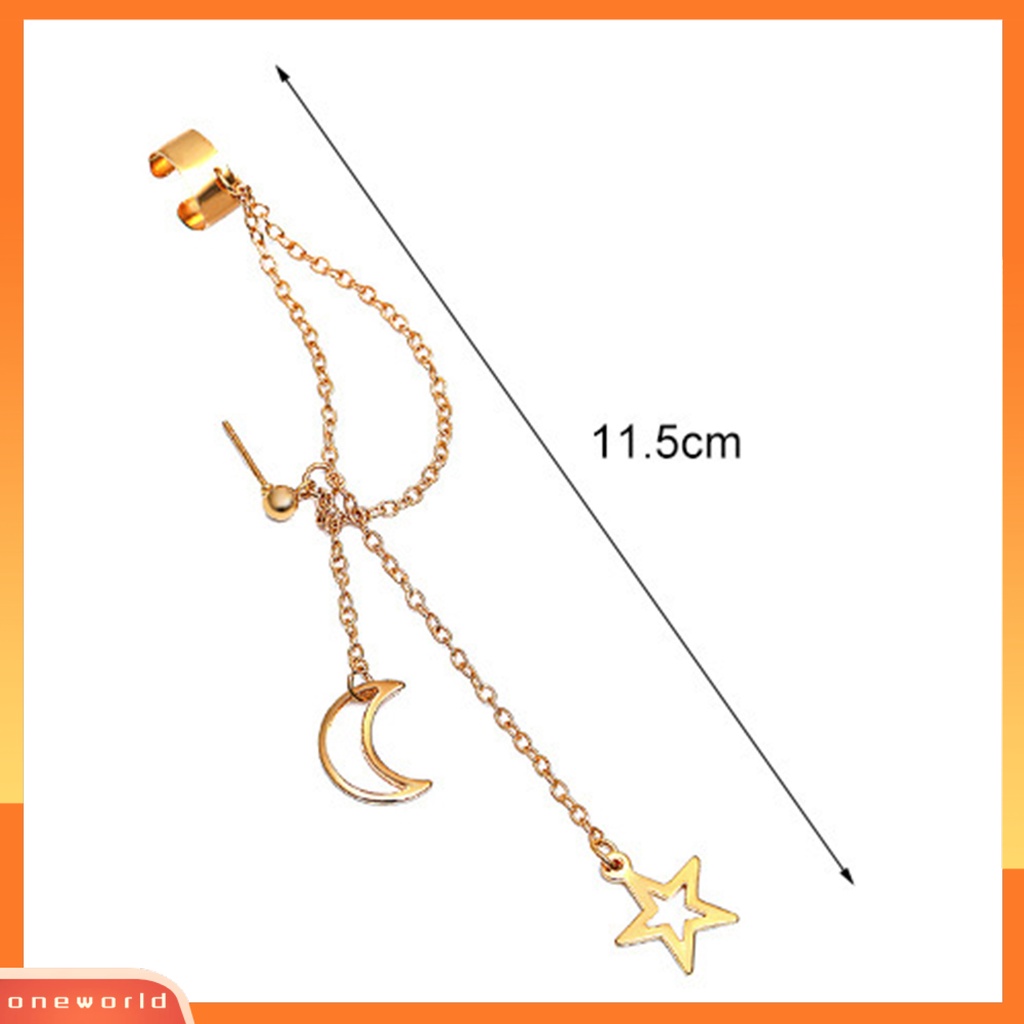 [WOD] 1pc Wanita Klip Anting Warna Solid Stainless Gaya Hip Hop Bentuk Bulan Panjang Rumbai Tulang Rawan Earrings Jewelry