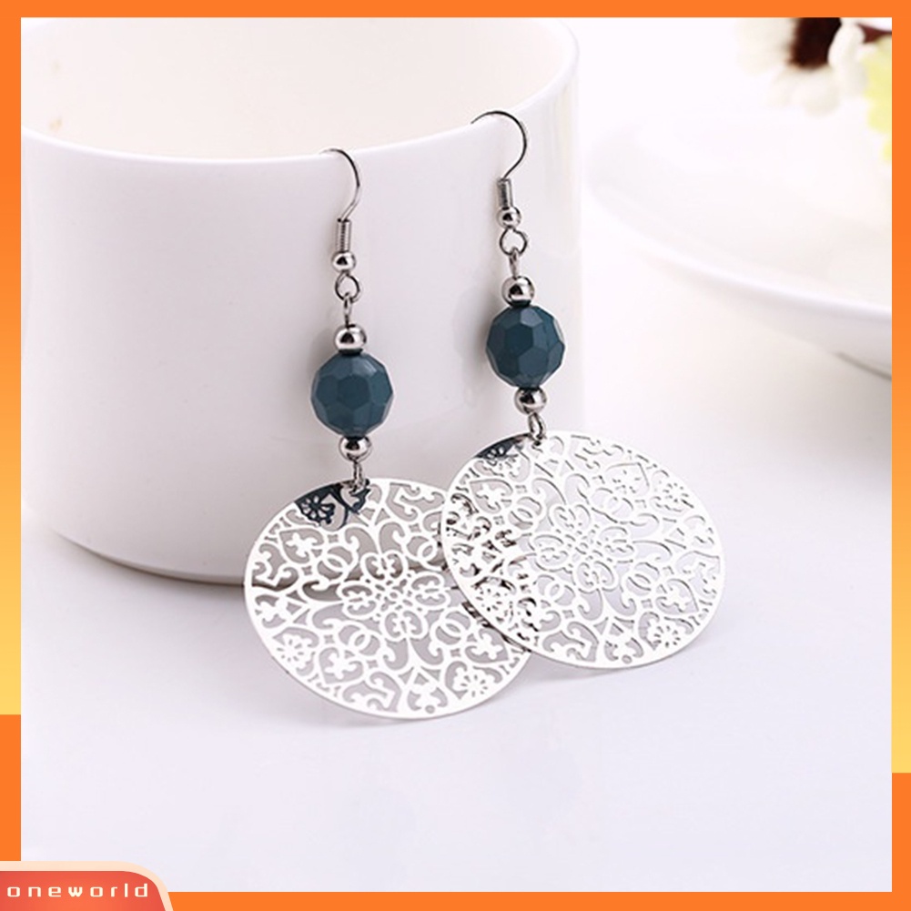 [WOD] Vintage Wanita Anting Kait Besar Berongga Bulat Bunga Manik Liontin Perhiasan Pesta