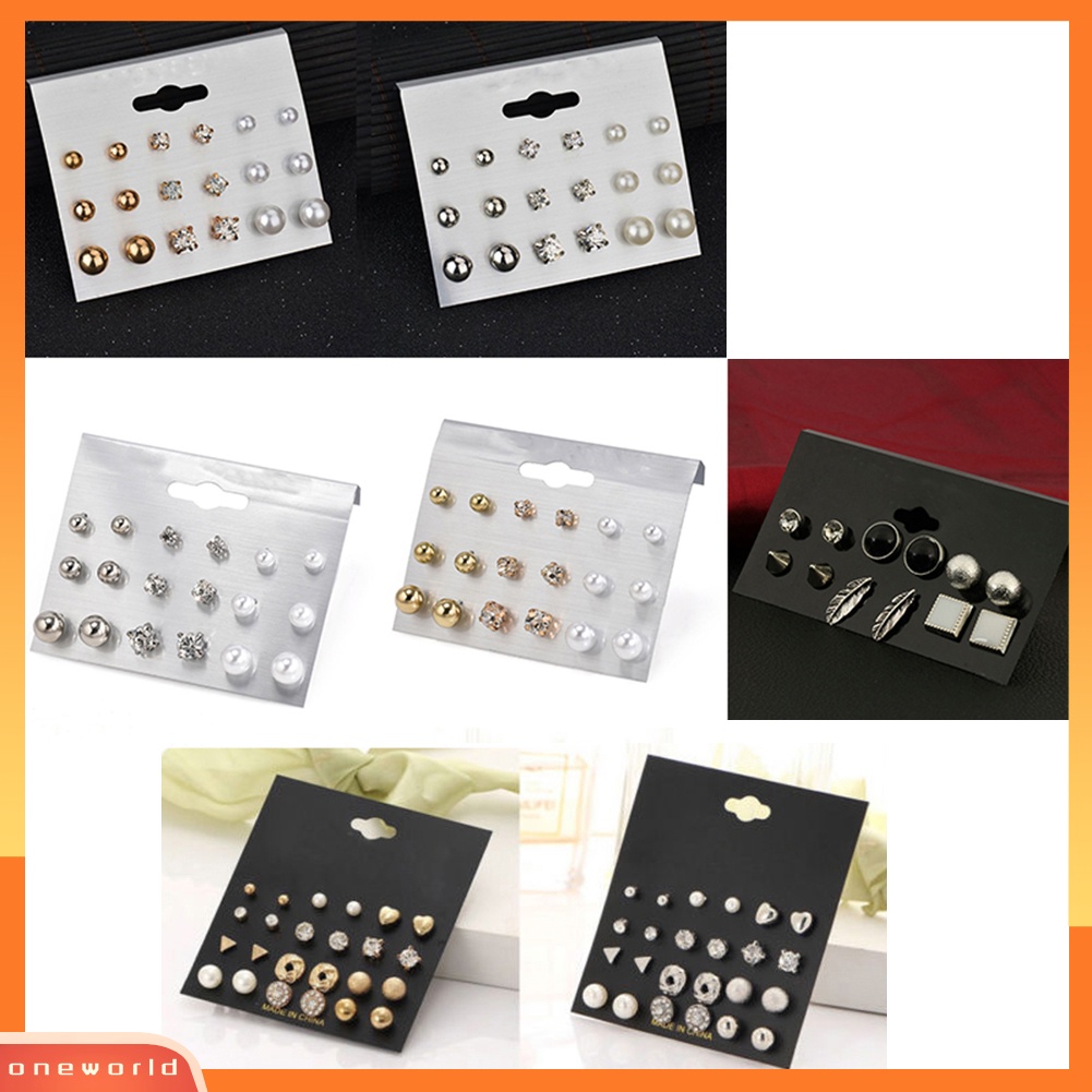 [WOD] 6 /9 /12Pasang Fashion Wanita Berlian Imitasi Mutiara Imitasi Ear Studs Earrings Set Hadiah