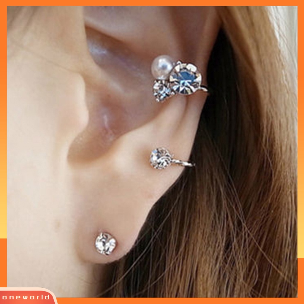 [WOD] 1set Anting Giwang Berlian Imitasi Mutiara Imitasi Alloy Indah Telinga Klip Stud Untuk Wanita