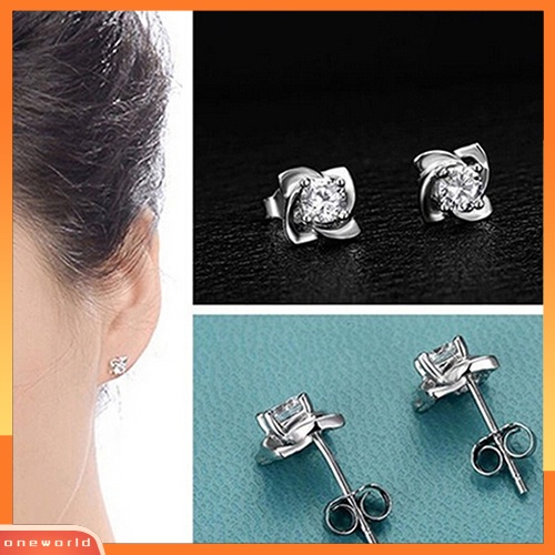 [WOD] Wanita Pernikahan Bunga Cubic Zirconia Perak Disepuh Ear Stud Earrings