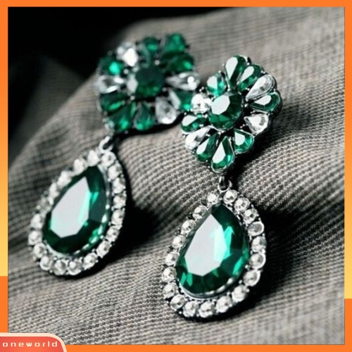 [WOD] Vintage Lady Hijau Berlian Imitasi Bunga Teardrop Statement Menjuntai Stud Earrings