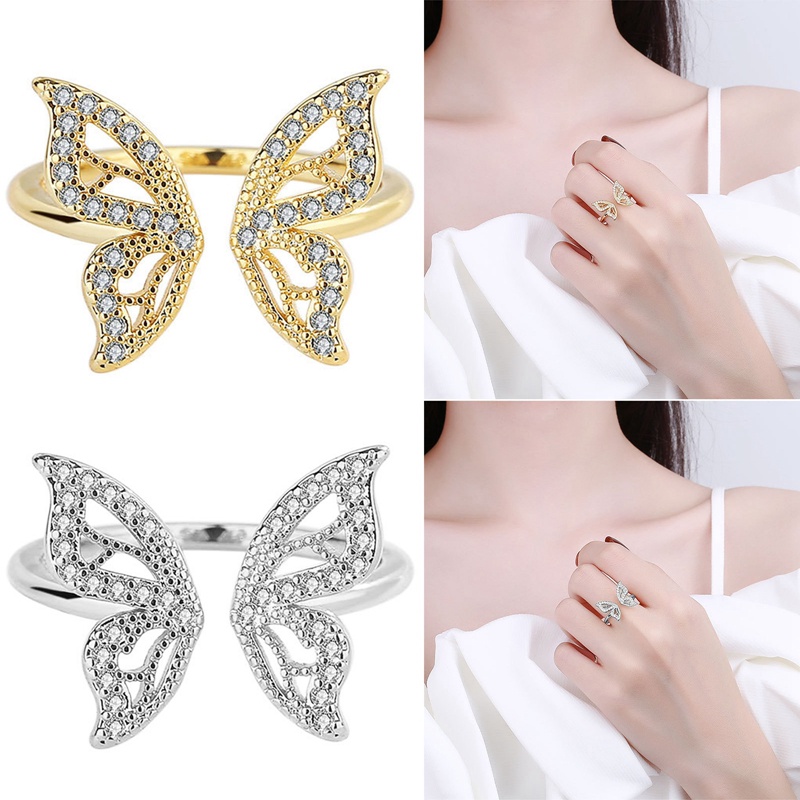 Korea Emas Berongga Kupu-Kupu Kubik Zirkon Tembaga Cincin Untuk Wanita Adjustable Terbuka Desain Pave Zirkon Butterfly Ring Pernikahan Perhiasan Hadiah