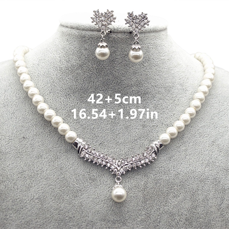 Set Perhiasan Bunga Kristal Wanita Mewah Pesona Warna Perak Pernikahan Menjuntai Anting Untuk Wanita Dainty White Pearl Chain Necklace