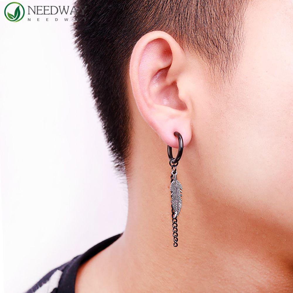 Needway Daun Anting Trendi Hip hop Stainless Steel Rumbai Pria Wanita Pria Hoop Earring