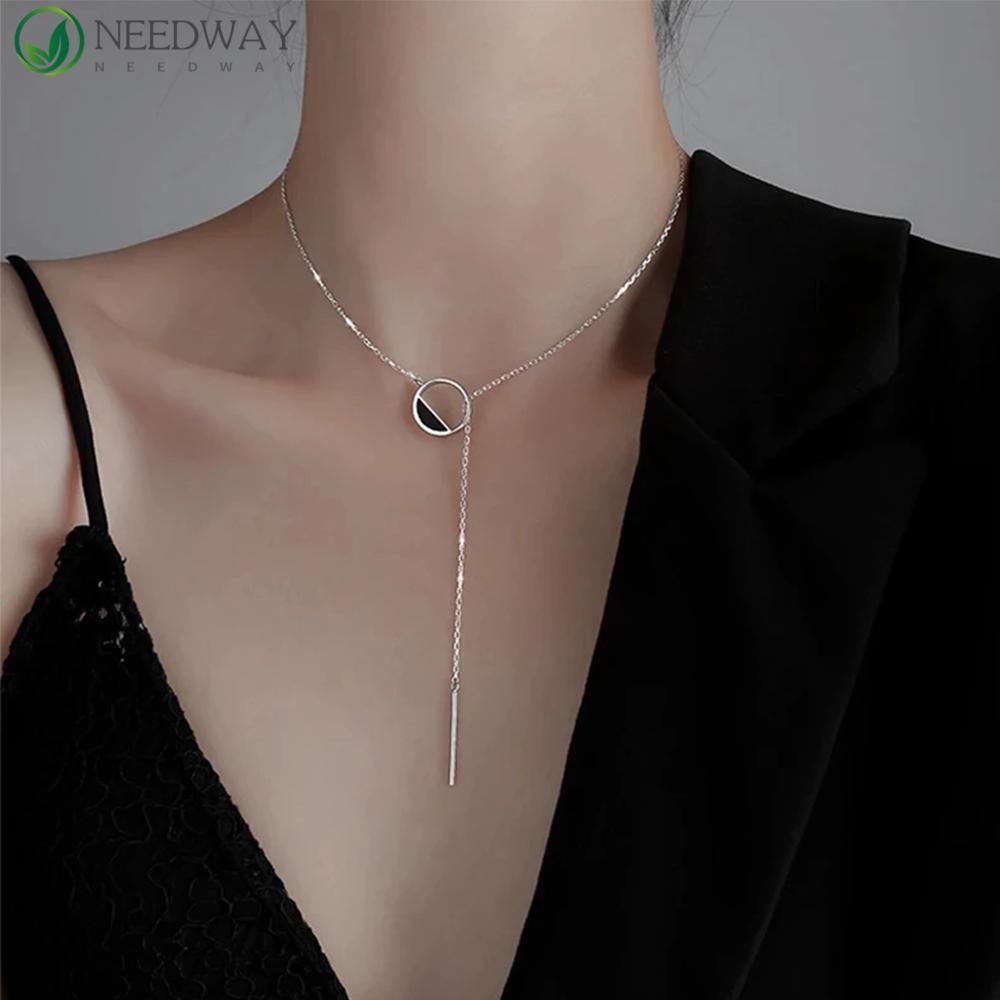 Needway Kalung Bulat Wanita Aksesoris Perak Hitam Chocker Temperamen Liontin Rumbai Sederhana