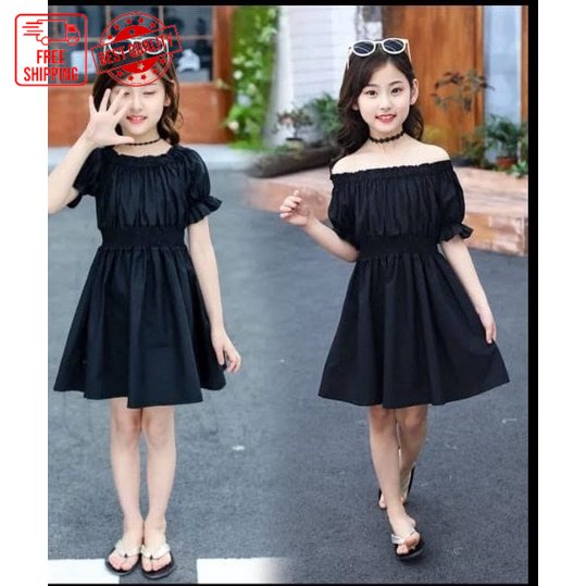 PROMO Dress anak perempuan / Gaun pesta elegan dres hitam navy polos terbaru umur 7 8 9 tahun