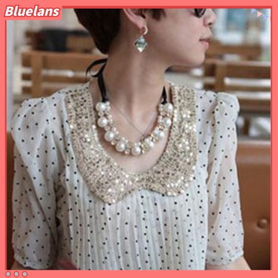 [BLS] Wanita Fashion Baris Ganda Mutiara Imitasi Adjustable Pita Rantai Choker Kalung