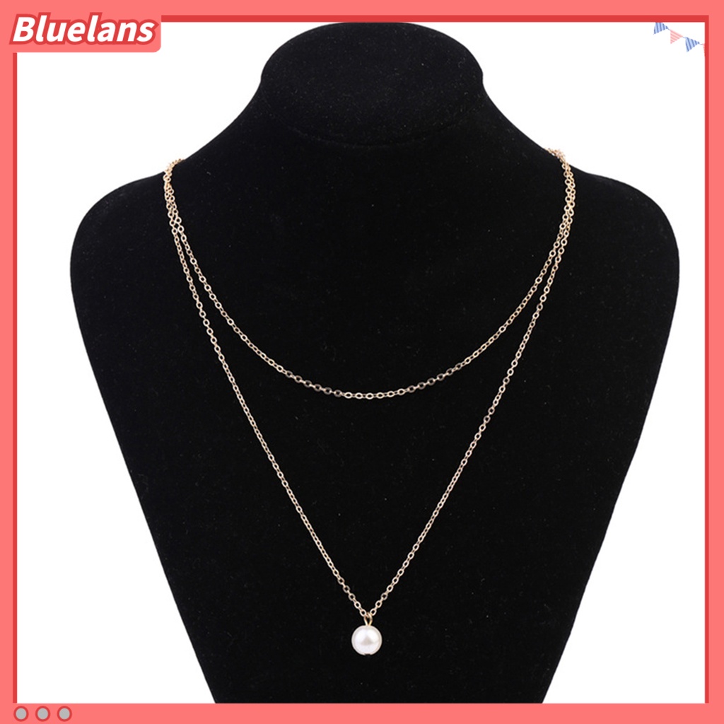 [BLS] Kalung Simple Tahan Aus Wanita Rantai Liontin Mutiara Imitasi Lapis Ganda Untuk Pesta