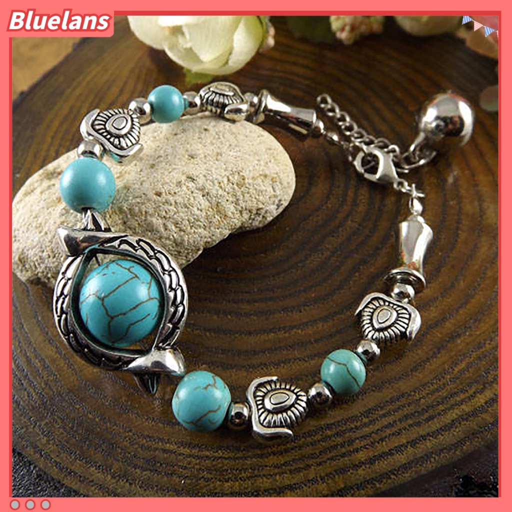 [BLS] Kupu-kupu Dekorasi Adjustable Unisex Gelang Alloy Handmade Turquoises Beads Retro Gelang Perhiasan Aksesoris