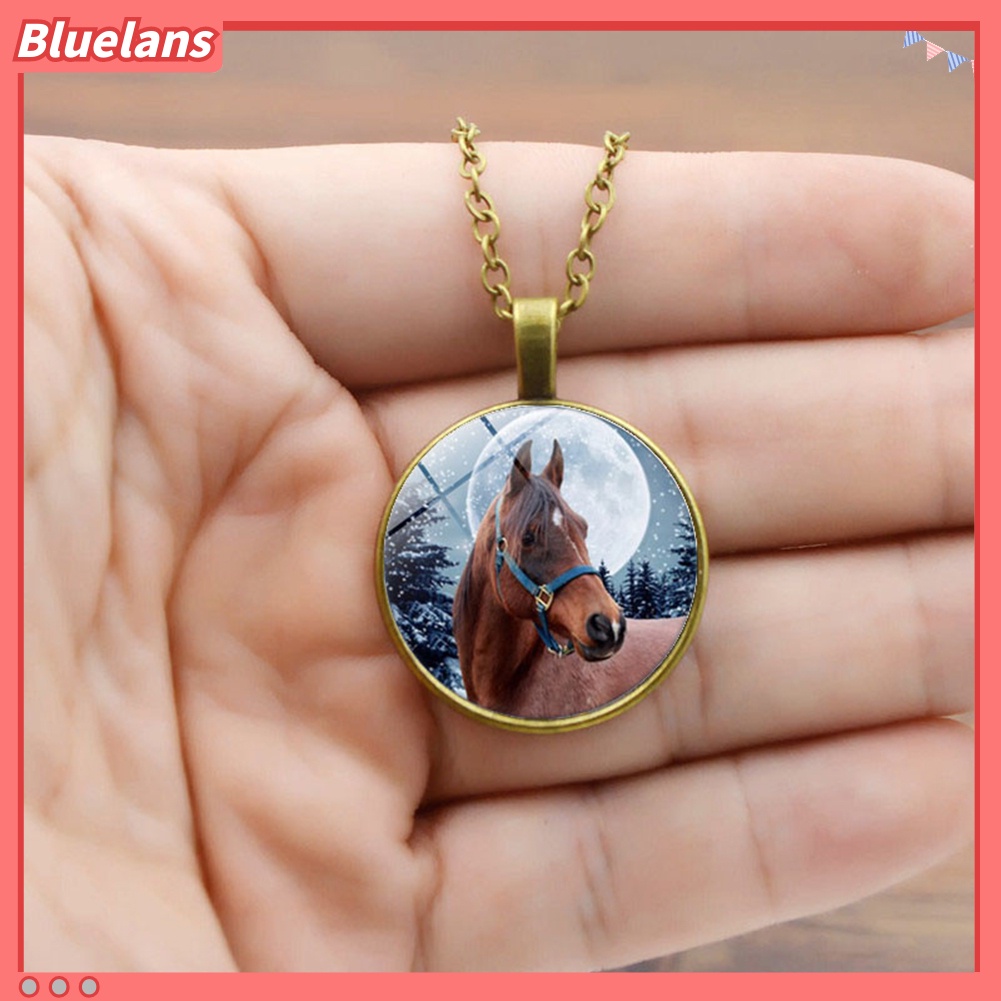 [BLS] Winter Horse Cabochon Vintage Kaca Liontin Rantai Kalung Wanita Perhiasan Hadiah