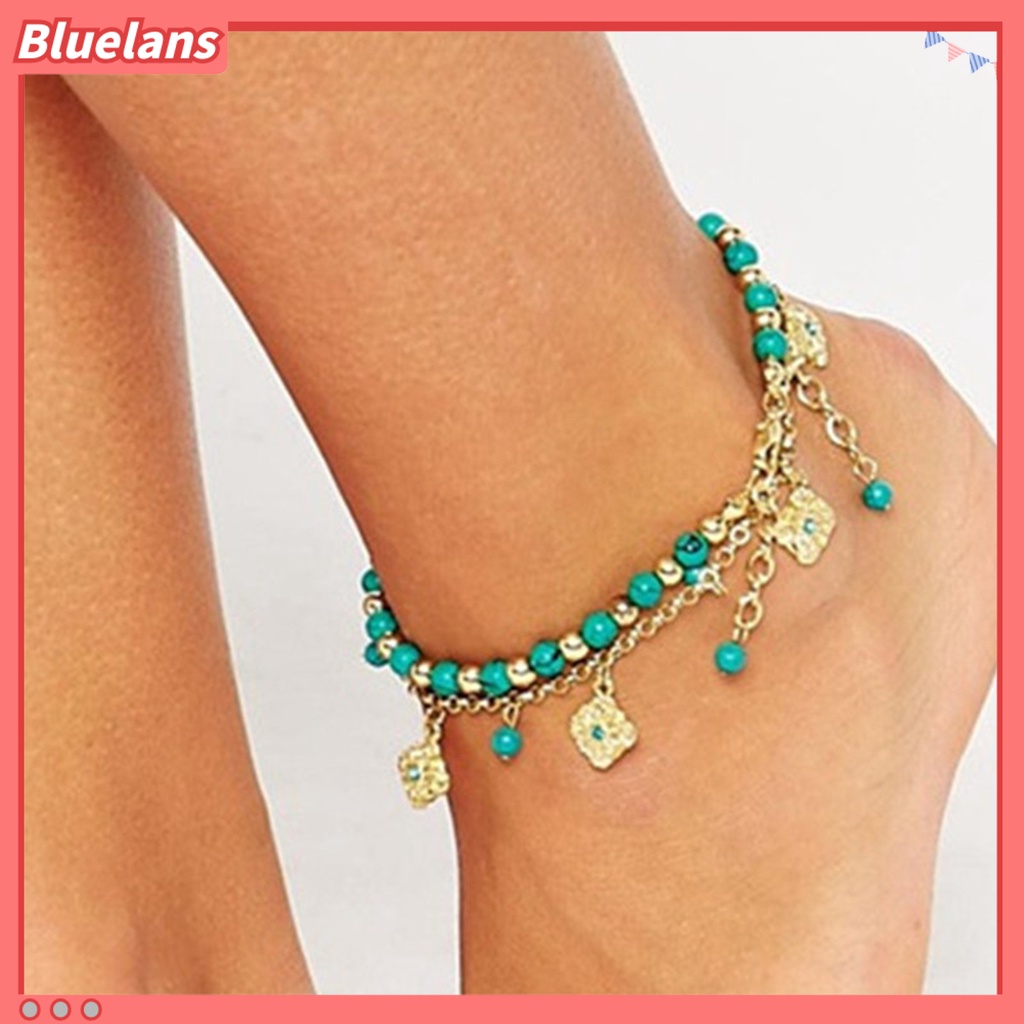 [BLS] 2pcs /Set Gelang Kaki Kristal Imitasi Adjustable Alloy Bohemian Faux Turquoise Bead Gelang Kaki Pantai Untuk Pantai