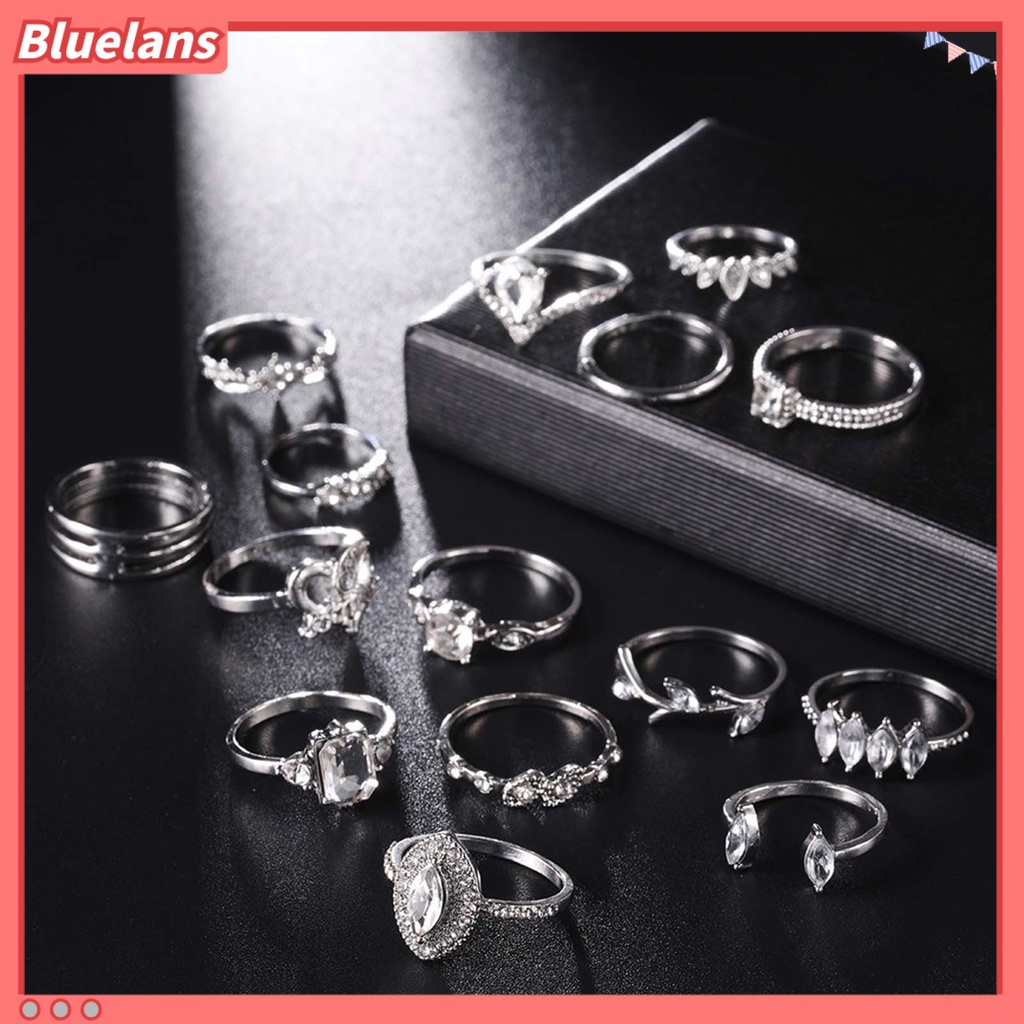 [BLS] 15pcs /Set Cincin Jari Individualitas Kreatif Paduan Pola Berbeda Berlian Imitasi Rings Untuk Kehidupan Sehari-Hari