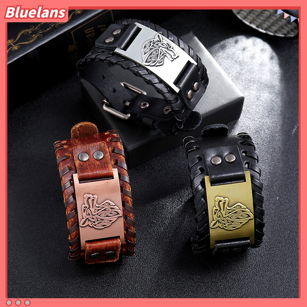 [BLS] Pria Bangle Lebar Dapat Disesuaikan Dikepang Lembut Kulit Imitasi Hadiah Paduan Retro Hewan Kepala Manset Gelang Perhiasan Aksesoris